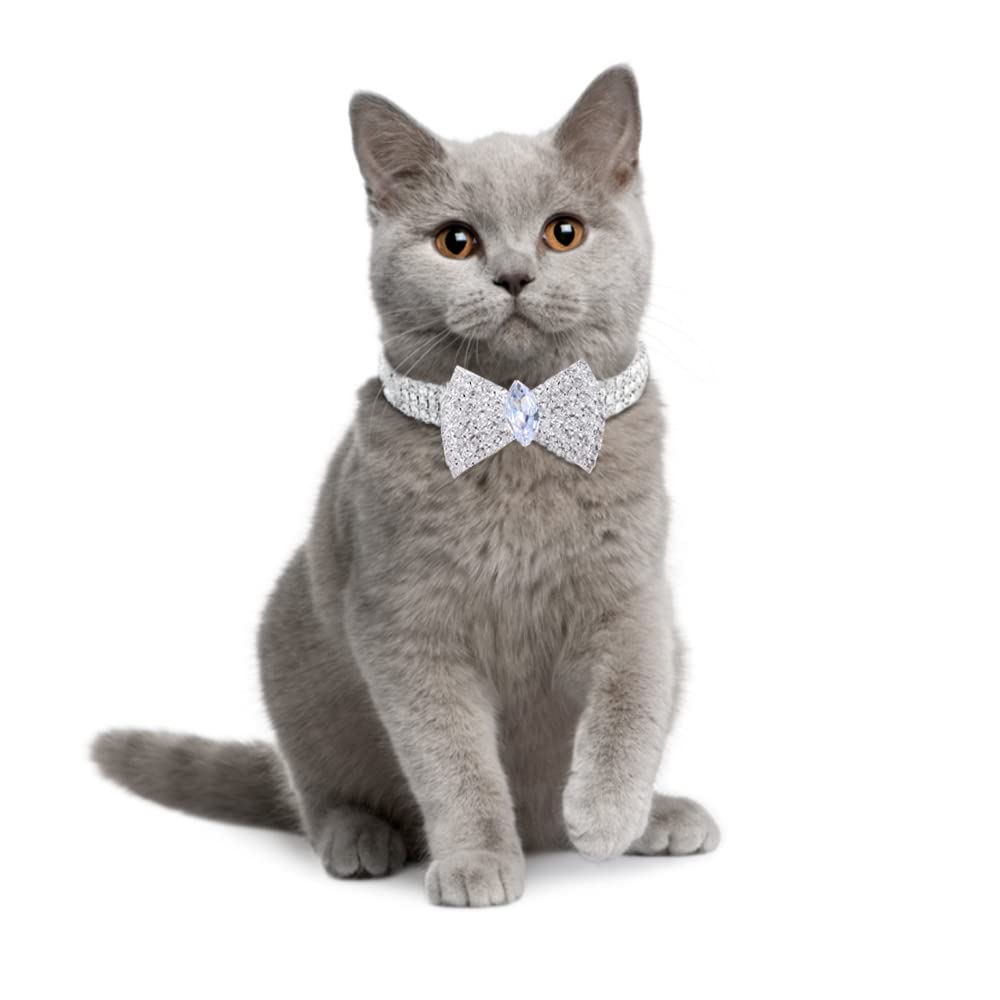 Earssa Cute Diamond Dog Collar Cat Rhinestone Necklace with Bow tie Adjustable Collar Pet Decorative with Bling Crystal Bow (Small,Silver)