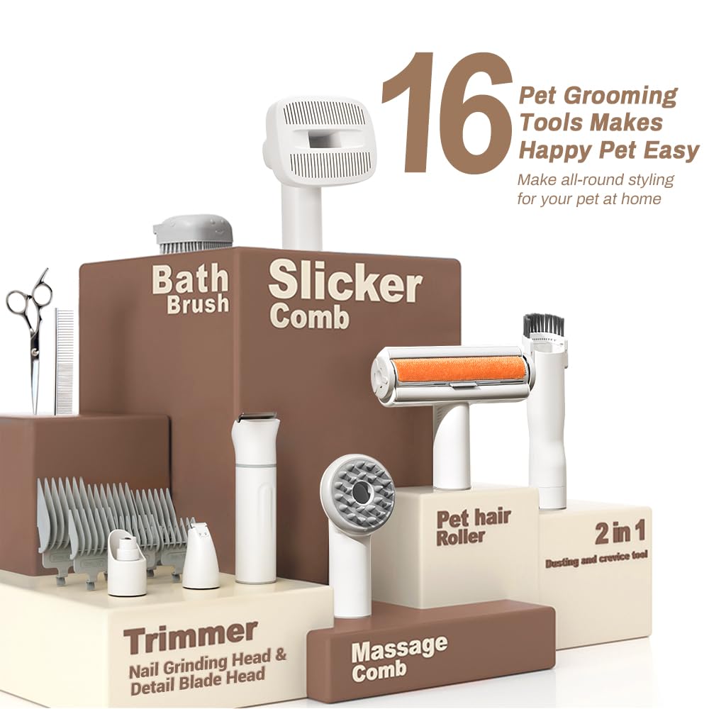 Bunfly Dog Grooming Kit & Dog Hair Vacuum - 13,000KPa Powerful Suction, 99% Pet Hair Removal, 3.5L Capacity, 16 Grooming Tools for Dogs, Cats & More, Home Cleaning - Brown