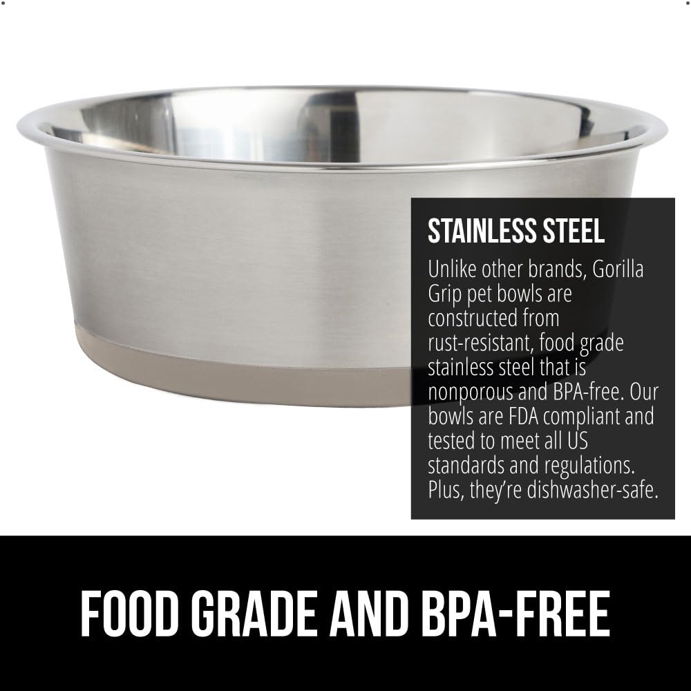 GORILLA GRIP Stainless Steel Metal Dog Bowl Set of 2, Rubber Base, Heavy Duty, Rust Resistant, Food Grade BPA Free, Less Sliding, Quiet Pet Bowls for Cats and Dogs, Holds 2 Cups (16 fl oz), Black