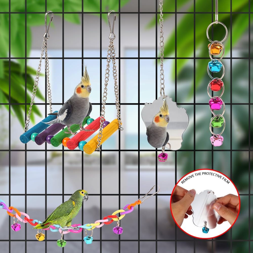 YIXUND Bird Toys for Parakeets, Parrots, Conures, Cockatiels, Love Birds, Finches, Mynah, Budgerigar - 9Pcs Wooden Ladder Bridge, Swing, Hammock, Cage Accessories