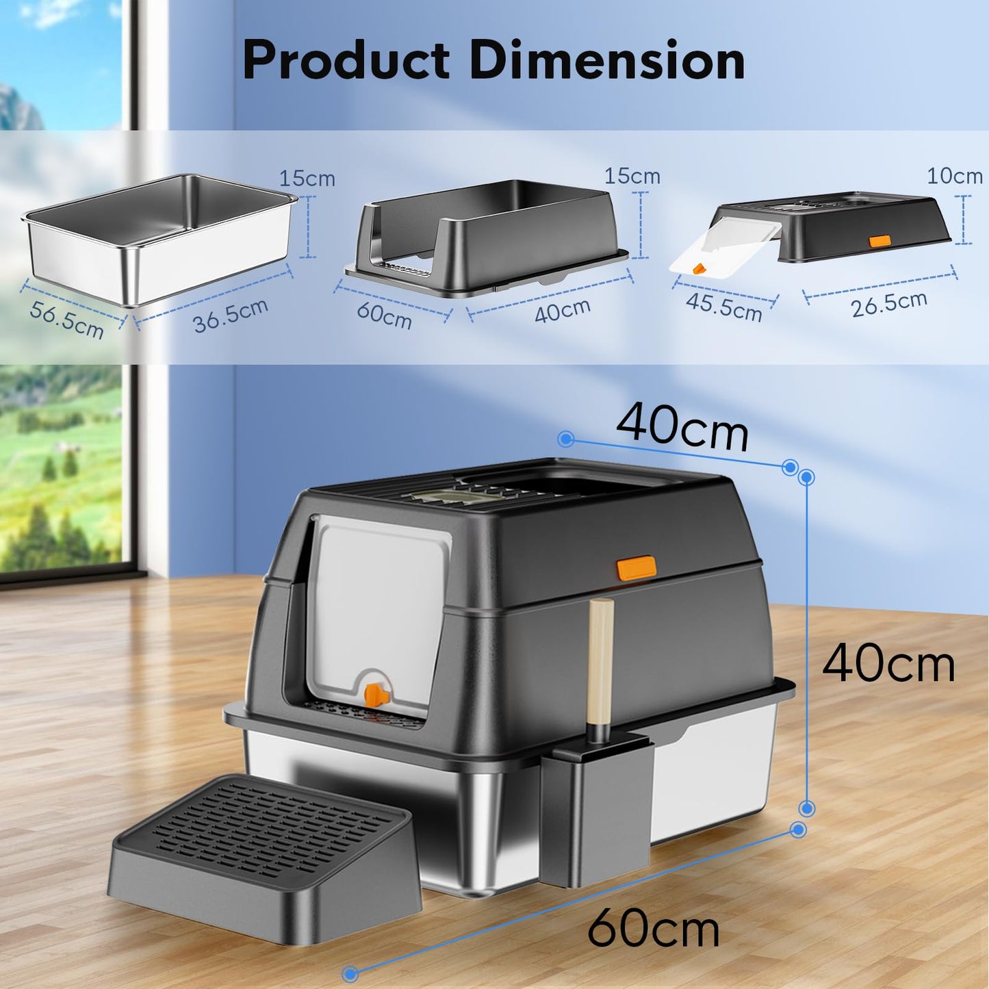 TENTIZON Stainless Steel Cat Litter Box, Extra Large Enclosed Kitty Litter Box with Removable Lid, Scoop, Pedal, XL High Sided Metal Litter Pan for Kitten, Big Cats Up to 11KG
