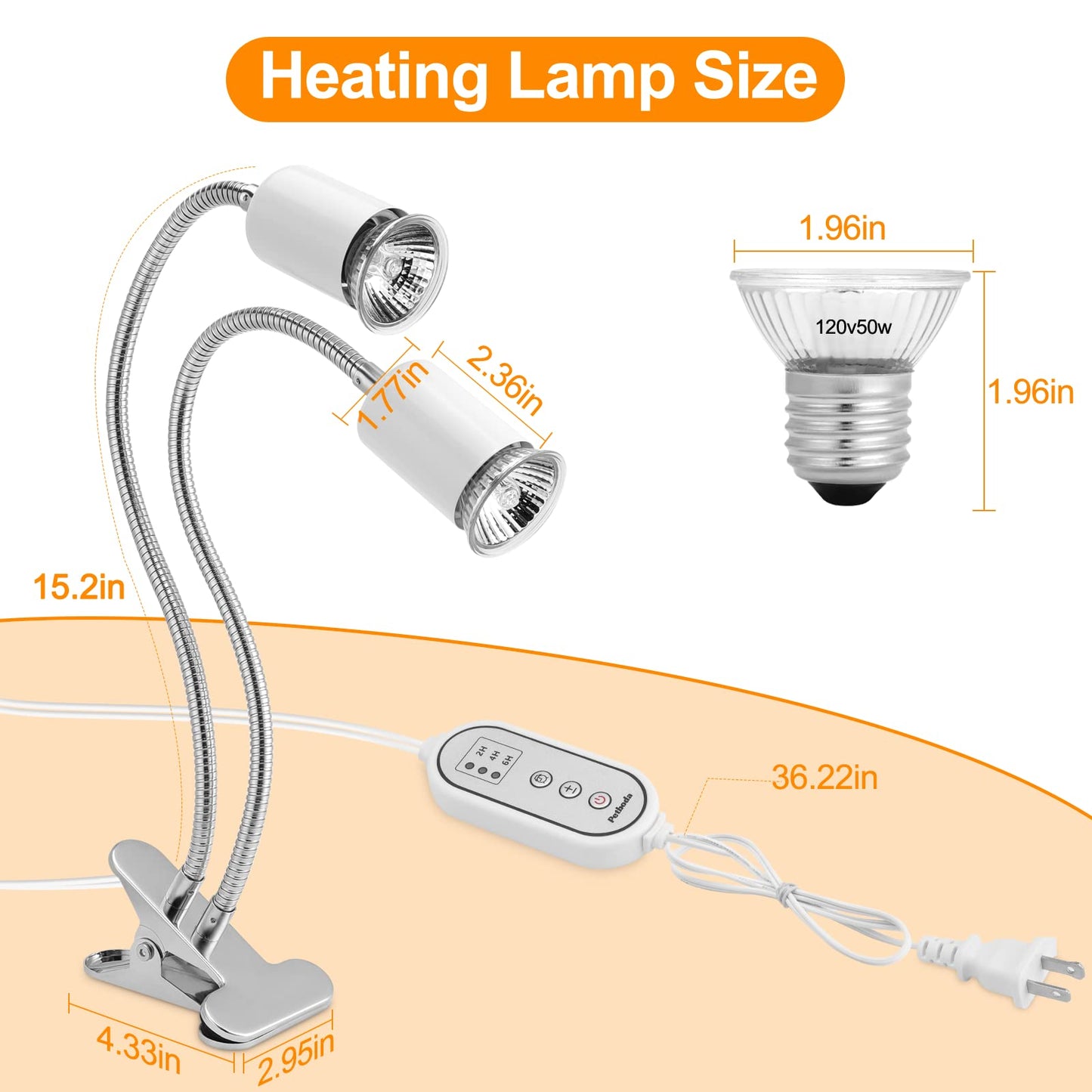Petboda Reptile Heat Lamp, Dual Head UVA/UVB Reptile Light with Cycle Timer, Dimmable Basking Light for Turtle Tortoise Lizard Snake Bearded Dragon and More, 4 Bulbs Included (Black) - Furr-Reel