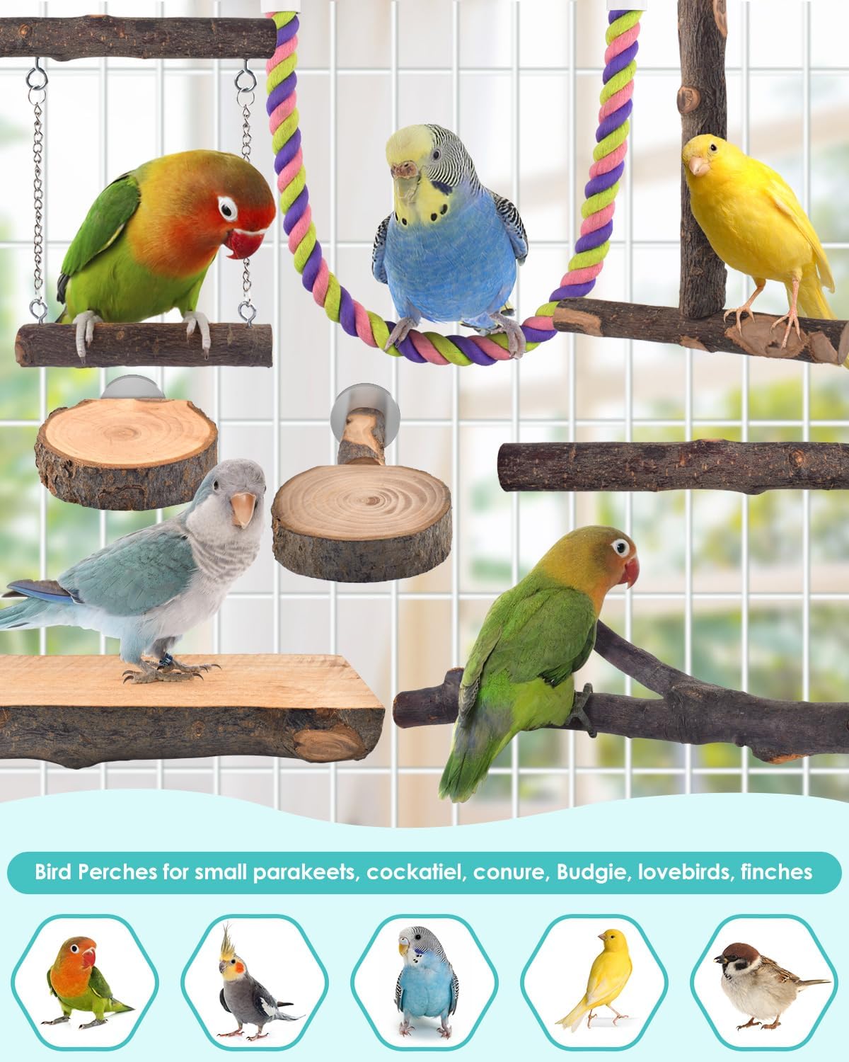 Bird Perches, 8pcs Natural Wood Parrot Perch Platform Chewing Toys Cage Accessories Hanging Multi-Branch Perch Stand Swing Toy Rope Perches for Small and Medium Parakeet, Budgies, Conures Furr-Reel