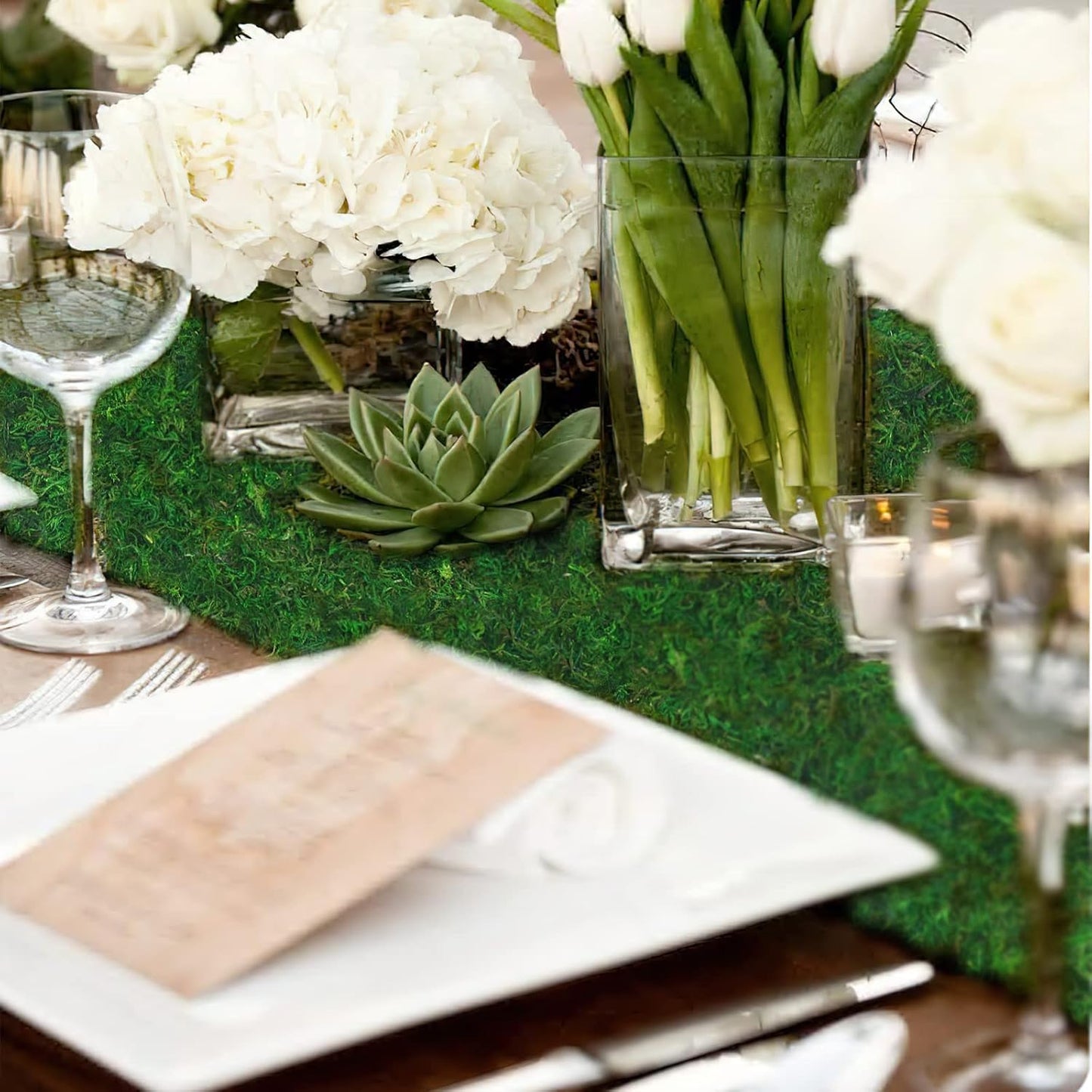 FAICOIA 2 Pcs Moss Table Runner 5.5" x 51" Green Moss Roll for Fairy Garden Accessories Decor Party Wedding Woodland Moss Grass Table Runner Preserved Sheet Moss Mat for Crafts 14x130cm