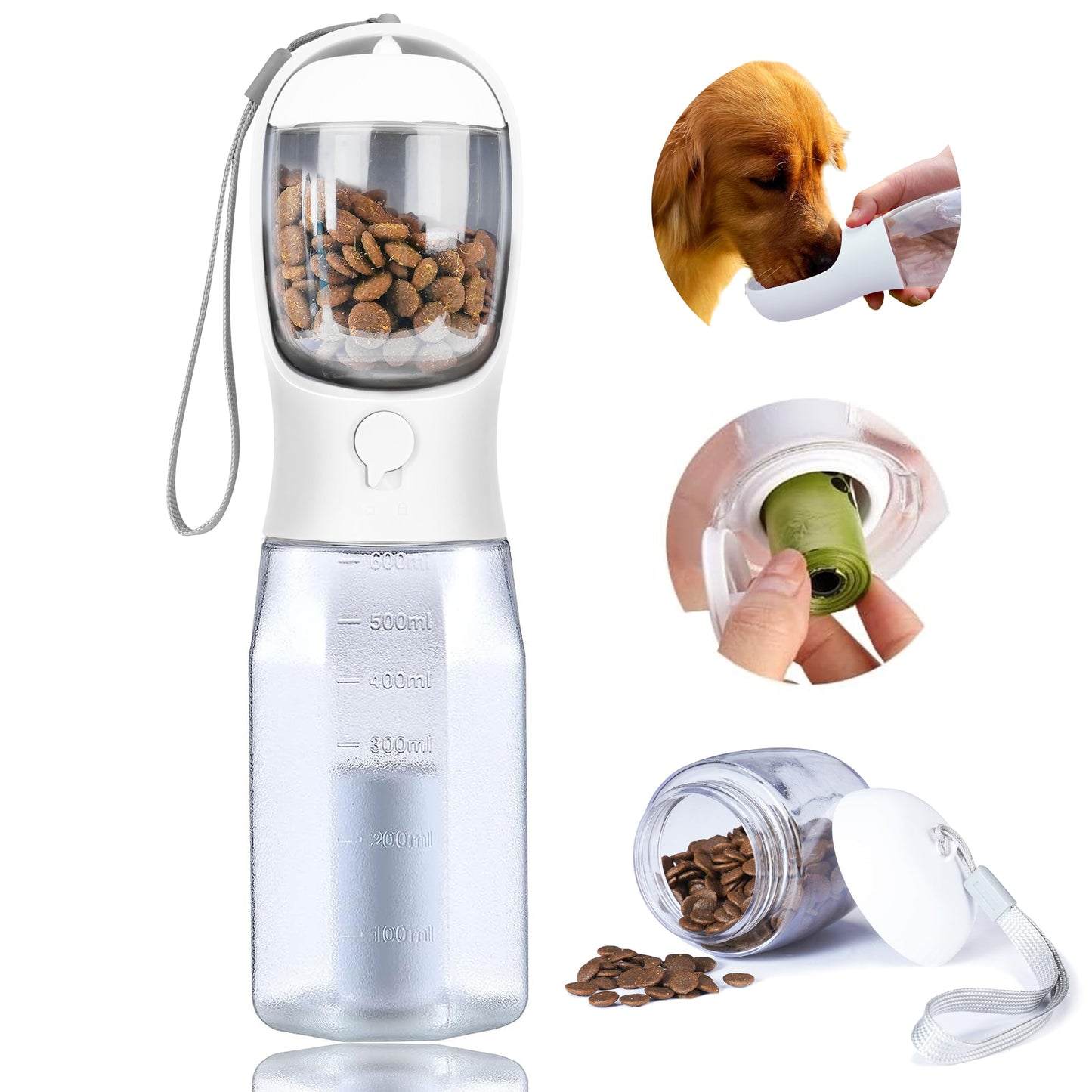 AVELORA Dog Water Bottle with Food Container, Portable Pet Dog Water Dispenser for Outdoor Walking,Hiking,Travel,Puppy Essentials,Puppy Supplies,Replaceable Waste Bags