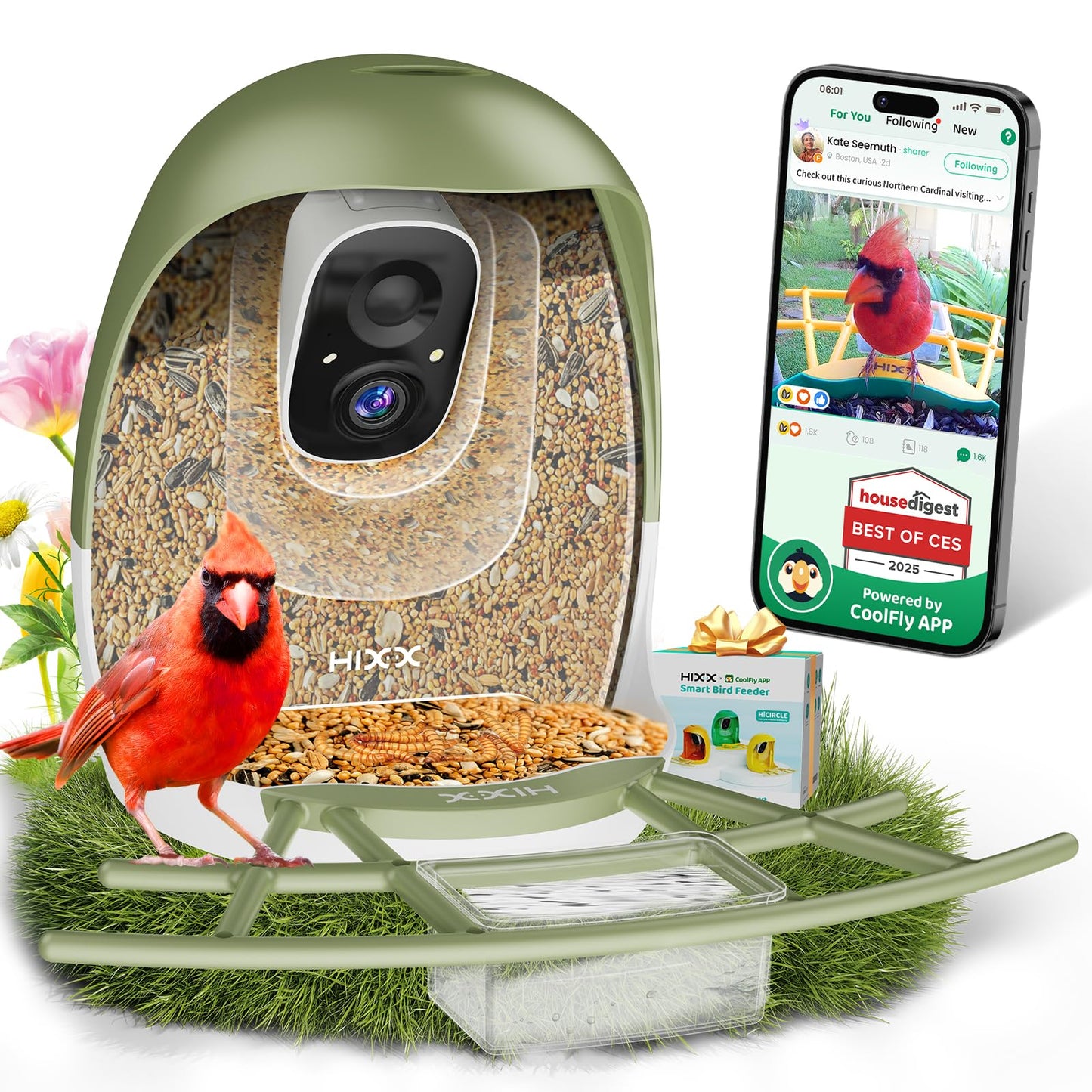 HIXX® Smart Bird Feeder Camera, Lifetime Free AI Bird ID Bird Feeder for Outdoors with Solar Panel, Auto Bird Video Capture & Instant Notifications, Birdwatching Camera with Feeder for Bird Lovers