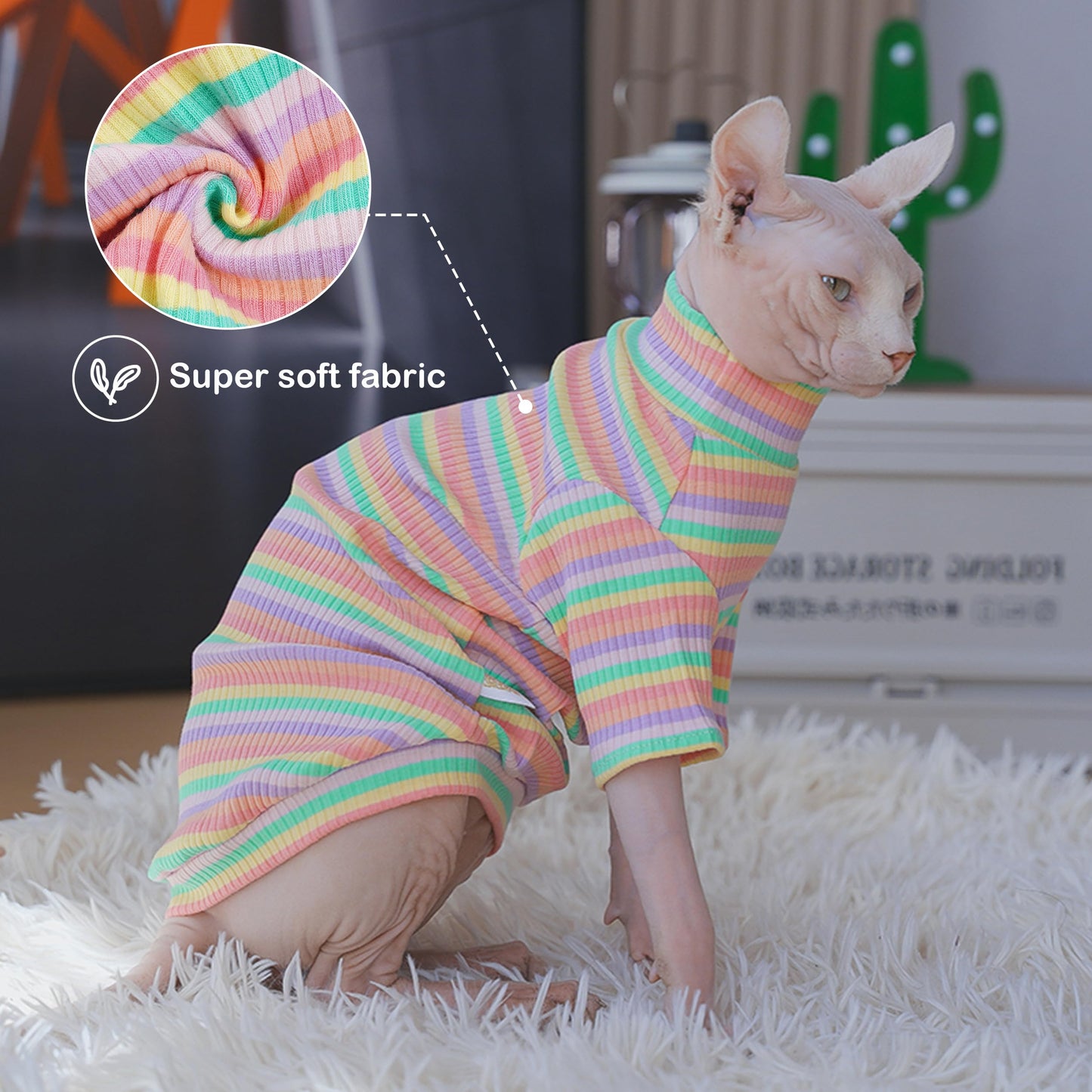 PUMYPOREITY Sphynx Cat Clothes - Soft Hairless Shirt With Sleeves, Stretchy Sweater, Pullover Pajamas Jumpsuit, Turtleneck Outfit for Sphynx Cornish Rex, Devon Rex - Rainbow, XS