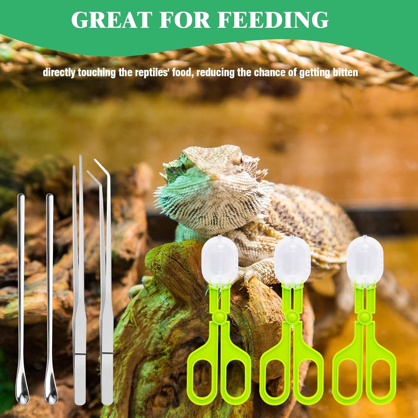 Yauhar 7Pcs Reptile Feeding and Cleaning Tool Set Contains Stainless Steel Long Tongs Tweezers with Rubber Tip, Feed Clamp and Scoop for Tortoise Lizard Frog Spider Crested Gargoyle Bearded Dragon