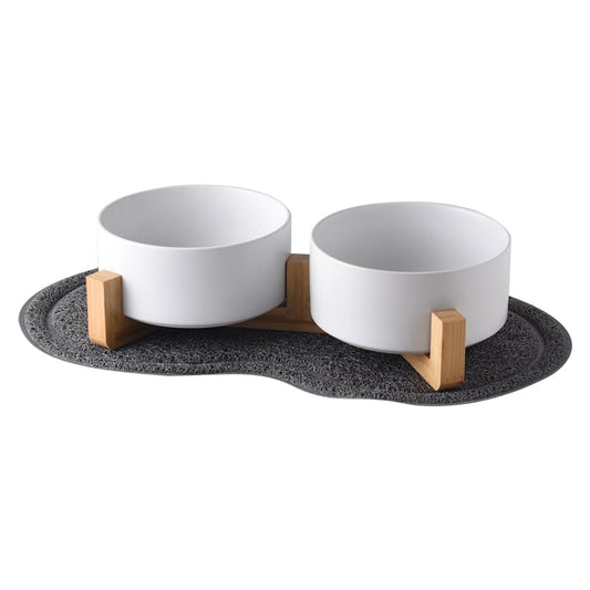 Mtlpaetm Ceramic Pet Bowls for Dog and Cat, No Spill Dog Food and Water Bowl Set with Anti-Slip Wooden Stand, Feeding Dishes Suitable for Small, Medium and Large Cats Dogs Black（850ml/29.9oz）