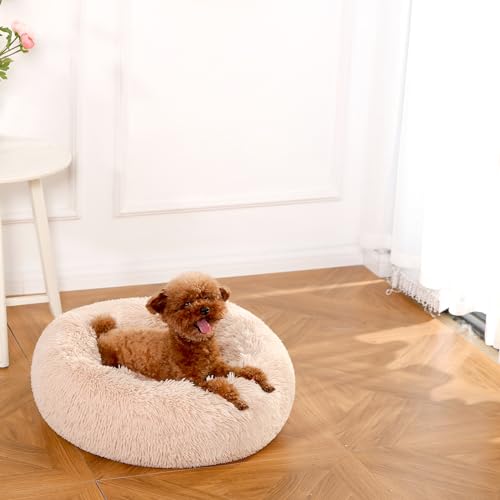 Amazon Basics Donut Pet Bolster Faux Fur Bed, Beige, 45" x 45"