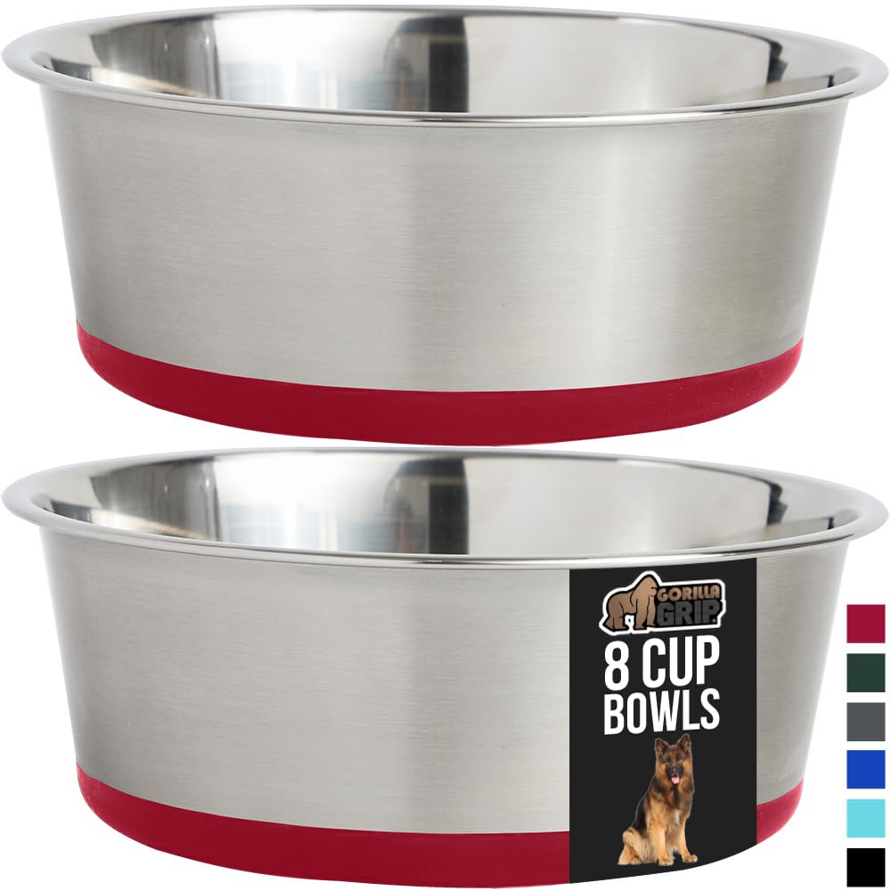 GORILLA GRIP Stainless Steel Metal Dog Bowl Set of 2, Rubber Base, Heavy Duty, Rust Resistant, Food Grade BPA Free, Less Sliding, Quiet Pet Bowls for Cats and Dogs, Holds 2 Cups (16 fl oz), Black