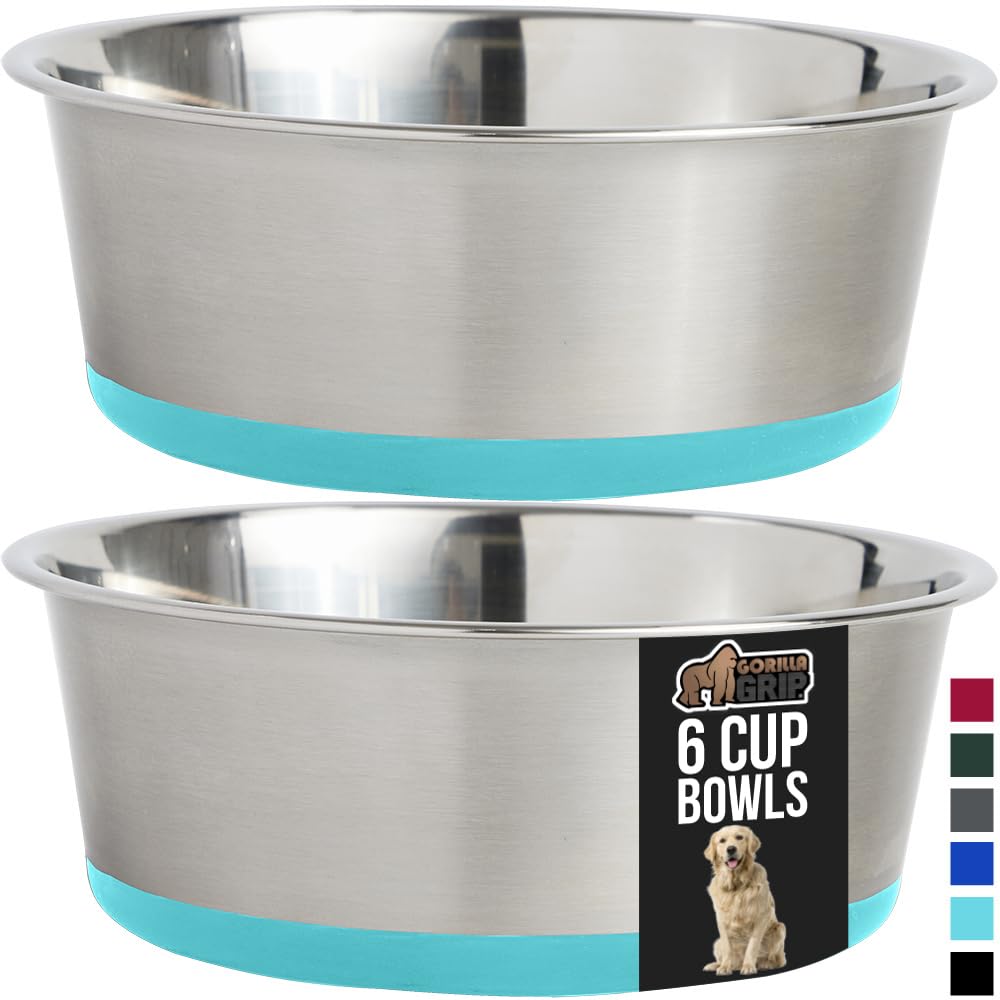 GORILLA GRIP Stainless Steel Metal Dog Bowl Set of 2, Rubber Base, Heavy Duty, Rust Resistant, Food Grade BPA Free, Less Sliding, Quiet Pet Bowls for Cats and Dogs, Holds 2 Cups (16 fl oz), Black