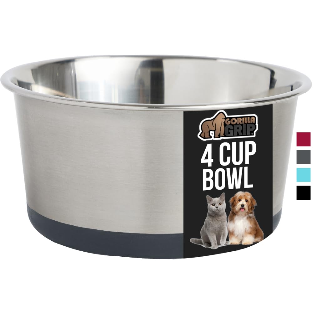 GORILLA GRIP Stainless Steel Metal Dog Bowl Set of 2, Rubber Base, Heavy Duty, Rust Resistant, Food Grade BPA Free, Less Sliding, Quiet Pet Bowls for Cats and Dogs, Holds 2 Cups (16 fl oz), Black