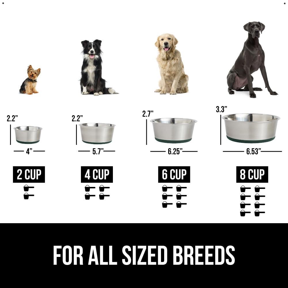 GORILLA GRIP Stainless Steel Metal Dog Bowl Set of 2, Rubber Base, Heavy Duty, Rust Resistant, Food Grade BPA Free, Less Sliding, Quiet Pet Bowls for Cats and Dogs, Holds 2 Cups (16 fl oz), Black