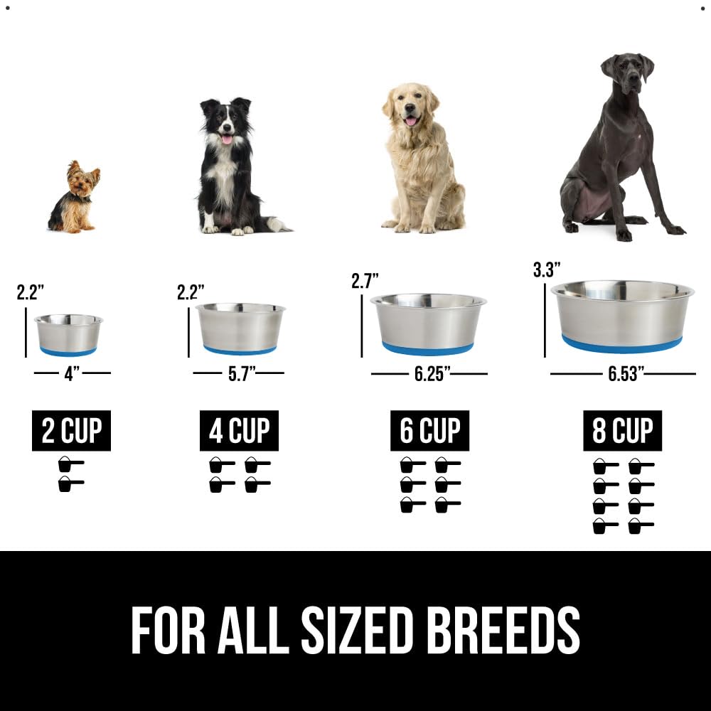 GORILLA GRIP Stainless Steel Metal Dog Bowl Set of 2, Rubber Base, Heavy Duty, Rust Resistant, Food Grade BPA Free, Less Sliding, Quiet Pet Bowls for Cats and Dogs, Holds 2 Cups (16 fl oz), Black