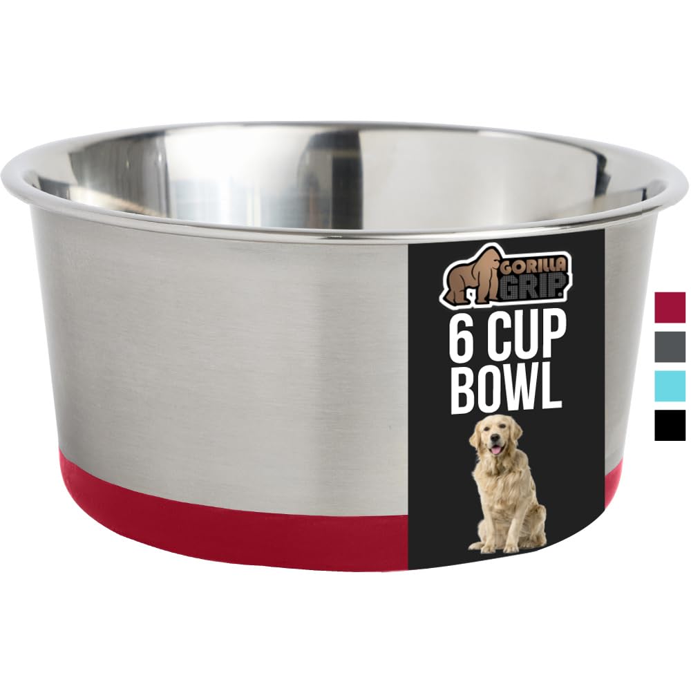GORILLA GRIP Stainless Steel Metal Dog Bowl Set of 2, Rubber Base, Heavy Duty, Rust Resistant, Food Grade BPA Free, Less Sliding, Quiet Pet Bowls for Cats and Dogs, Holds 2 Cups (16 fl oz), Black