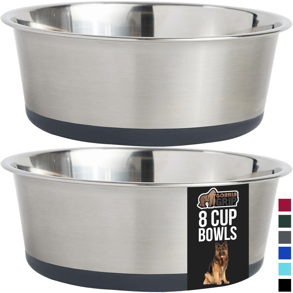 GORILLA GRIP Stainless Steel Metal Dog Bowl Set of 2, Rubber Base, Heavy Duty, Rust Resistant, Food Grade BPA Free, Less Sliding, Quiet Pet Bowls for Cats and Dogs, Holds 2 Cups (16 fl oz), Black