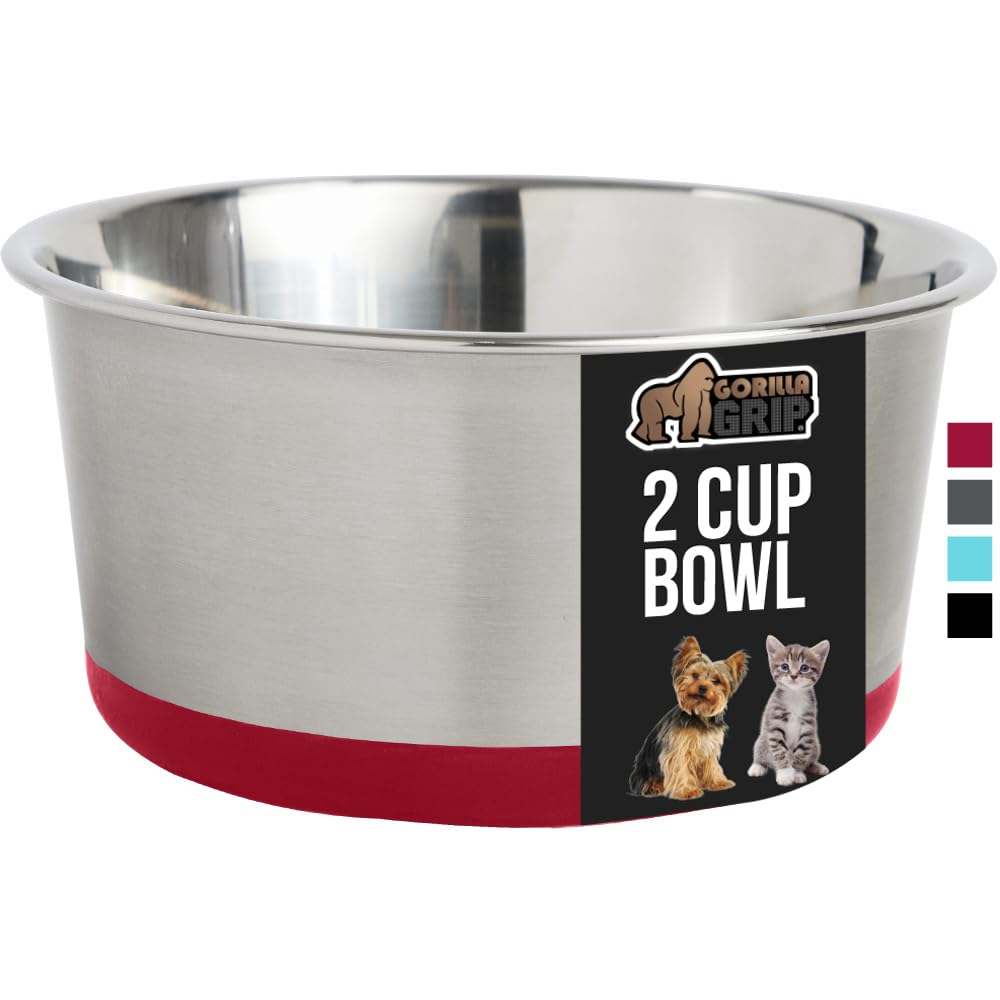 GORILLA GRIP Stainless Steel Metal Dog Bowl Set of 2, Rubber Base, Heavy Duty, Rust Resistant, Food Grade BPA Free, Less Sliding, Quiet Pet Bowls for Cats and Dogs, Holds 2 Cups (16 fl oz), Black