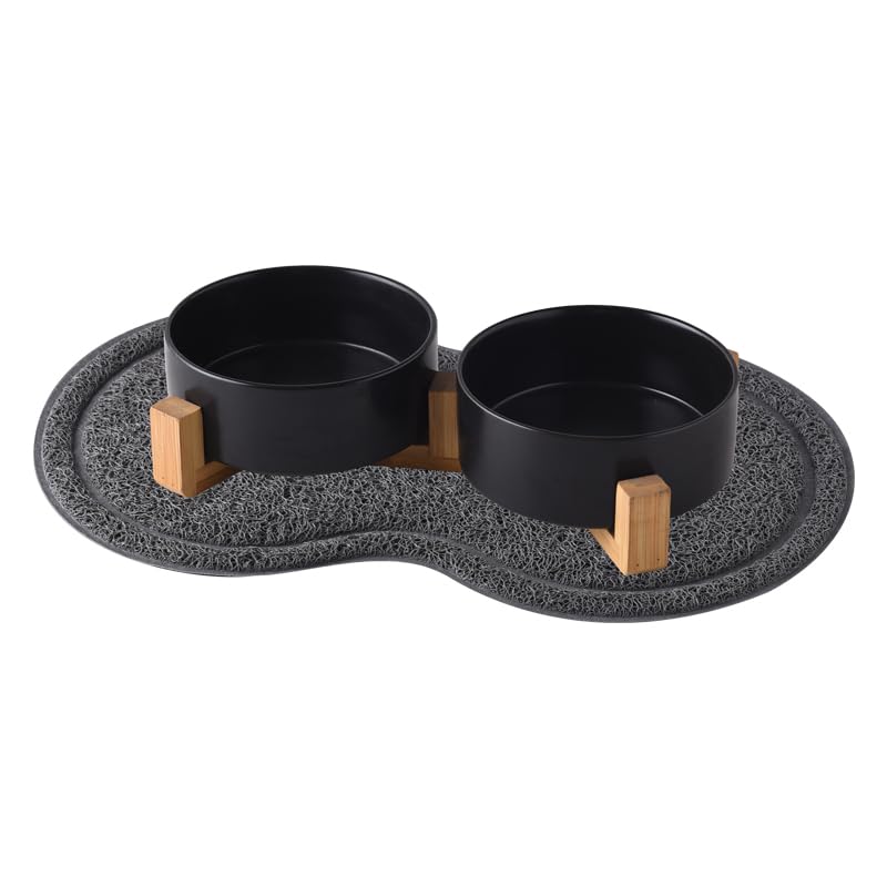 Mtlpaetm Ceramic Pet Bowls for Dog and Cat, No Spill Dog Food and Water Bowl Set with Anti-Slip Wooden Stand, Feeding Dishes Suitable for Small, Medium and Large Cats Dogs Black（850ml/29.9oz）