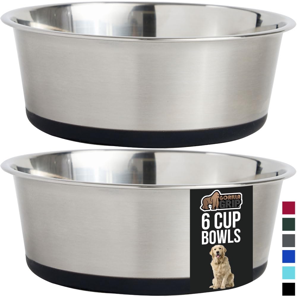 GORILLA GRIP Stainless Steel Metal Dog Bowl Set of 2, Rubber Base, Heavy Duty, Rust Resistant, Food Grade BPA Free, Less Sliding, Quiet Pet Bowls for Cats and Dogs, Holds 2 Cups (16 fl oz), Black