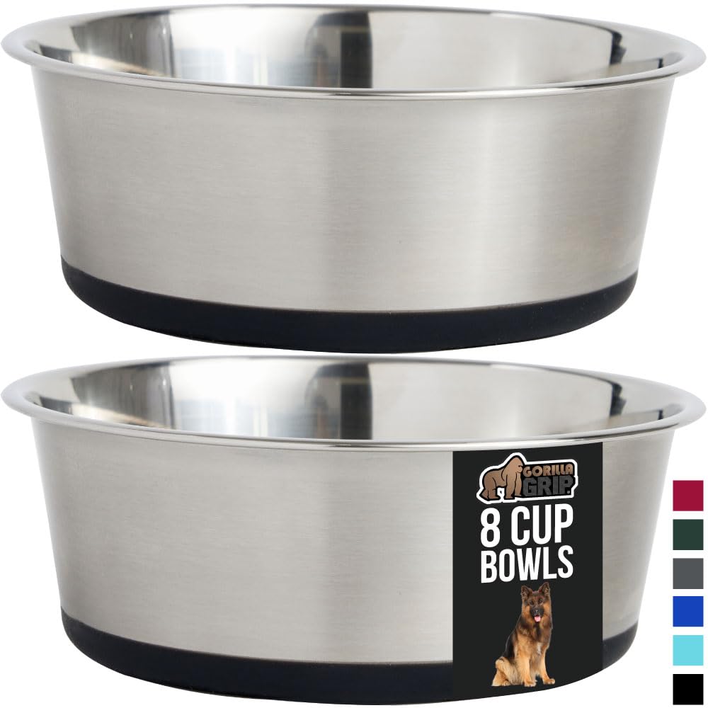 GORILLA GRIP Stainless Steel Metal Dog Bowl Set of 2, Rubber Base, Heavy Duty, Rust Resistant, Food Grade BPA Free, Less Sliding, Quiet Pet Bowls for Cats and Dogs, Holds 2 Cups (16 fl oz), Black