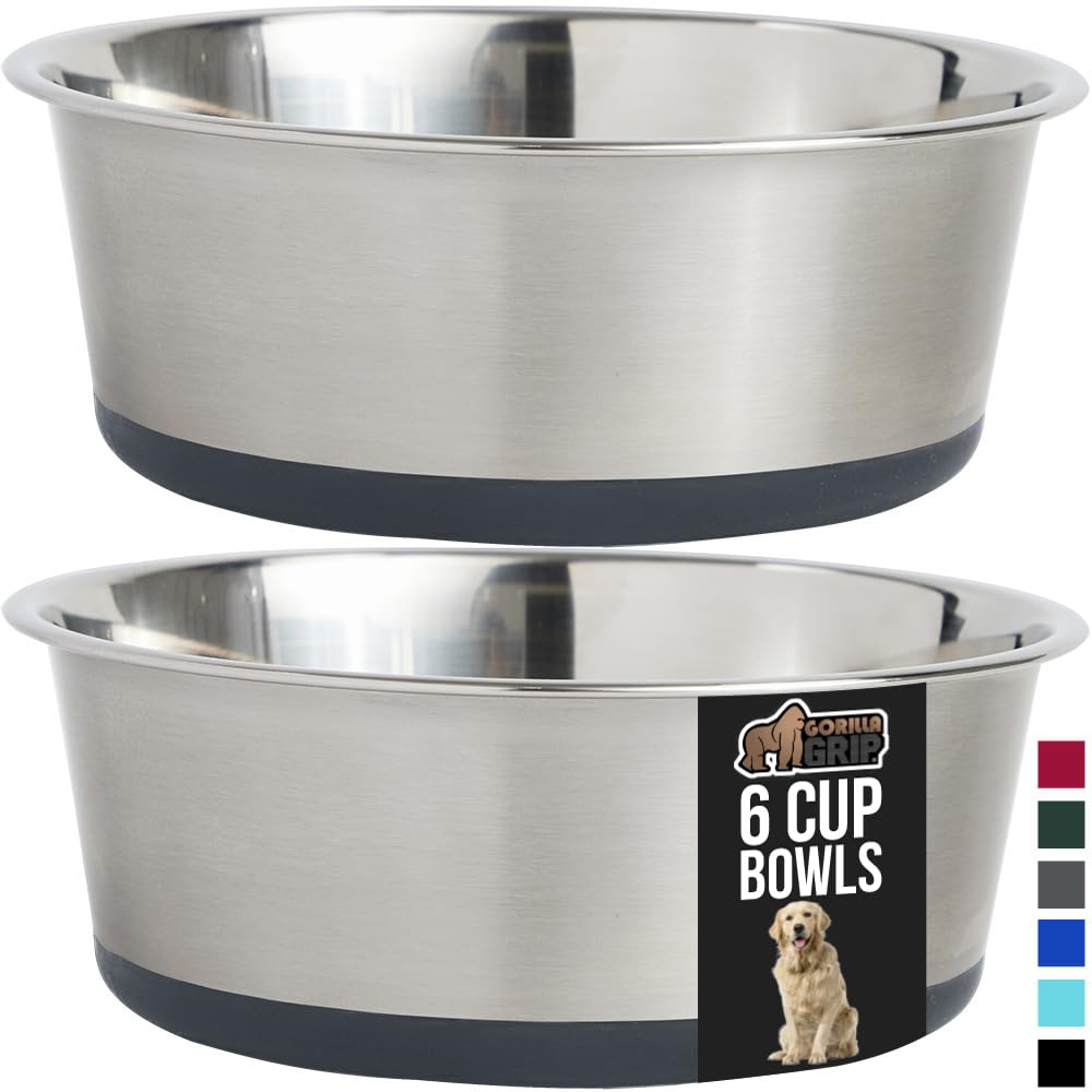 GORILLA GRIP Stainless Steel Metal Dog Bowl Set of 2, Rubber Base, Heavy Duty, Rust Resistant, Food Grade BPA Free, Less Sliding, Quiet Pet Bowls for Cats and Dogs, Holds 2 Cups (16 fl oz), Black