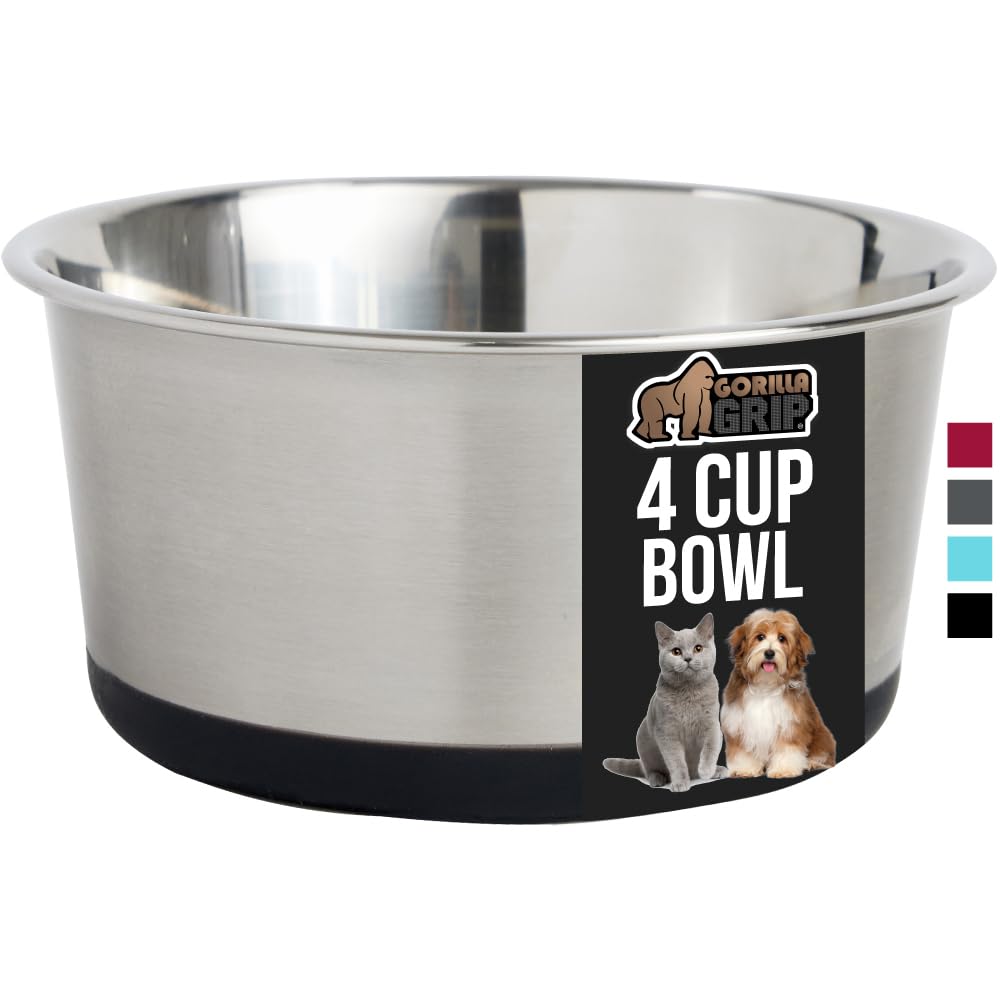 GORILLA GRIP Stainless Steel Metal Dog Bowl Set of 2, Rubber Base, Heavy Duty, Rust Resistant, Food Grade BPA Free, Less Sliding, Quiet Pet Bowls for Cats and Dogs, Holds 2 Cups (16 fl oz), Black