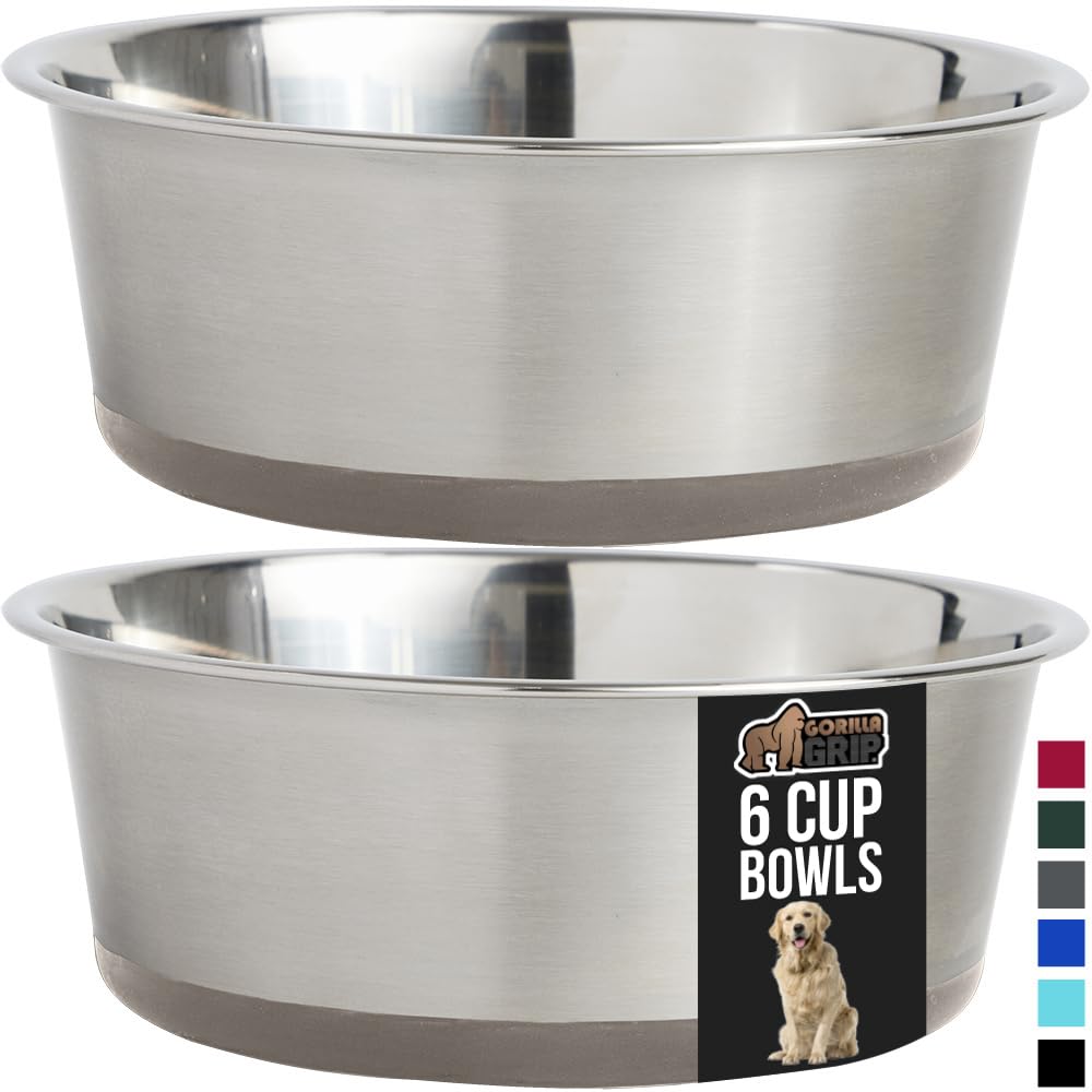 GORILLA GRIP Stainless Steel Metal Dog Bowl Set of 2, Rubber Base, Heavy Duty, Rust Resistant, Food Grade BPA Free, Less Sliding, Quiet Pet Bowls for Cats and Dogs, Holds 2 Cups (16 fl oz), Black