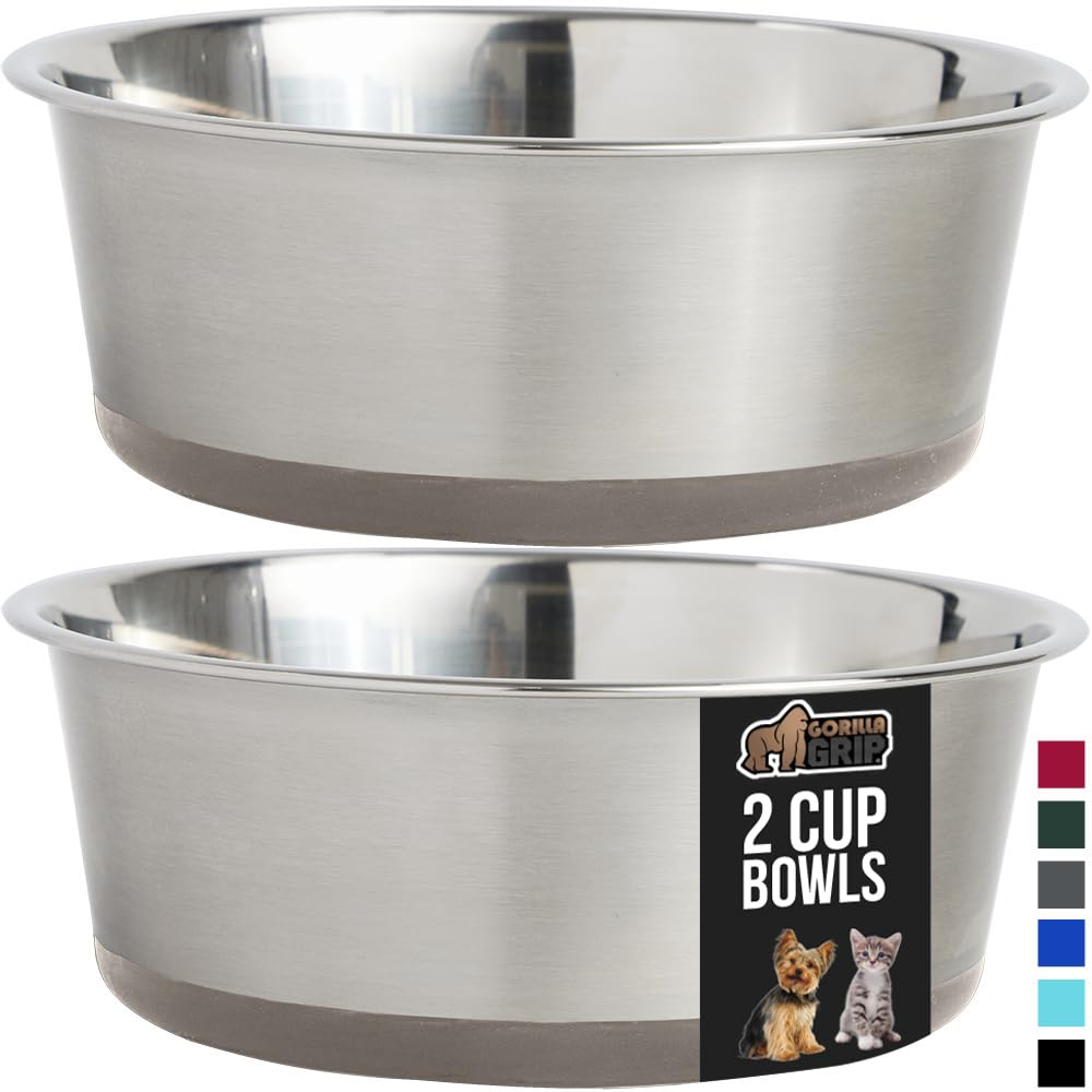 GORILLA GRIP Stainless Steel Metal Dog Bowl Set of 2, Rubber Base, Heavy Duty, Rust Resistant, Food Grade BPA Free, Less Sliding, Quiet Pet Bowls for Cats and Dogs, Holds 2 Cups (16 fl oz), Black