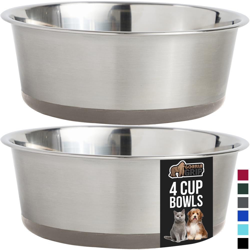 GORILLA GRIP Stainless Steel Metal Dog Bowl Set of 2, Rubber Base, Heavy Duty, Rust Resistant, Food Grade BPA Free, Less Sliding, Quiet Pet Bowls for Cats and Dogs, Holds 2 Cups (16 fl oz), Black
