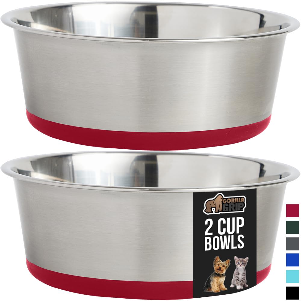GORILLA GRIP Stainless Steel Metal Dog Bowl Set of 2, Rubber Base, Heavy Duty, Rust Resistant, Food Grade BPA Free, Less Sliding, Quiet Pet Bowls for Cats and Dogs, Holds 2 Cups (16 fl oz), Black
