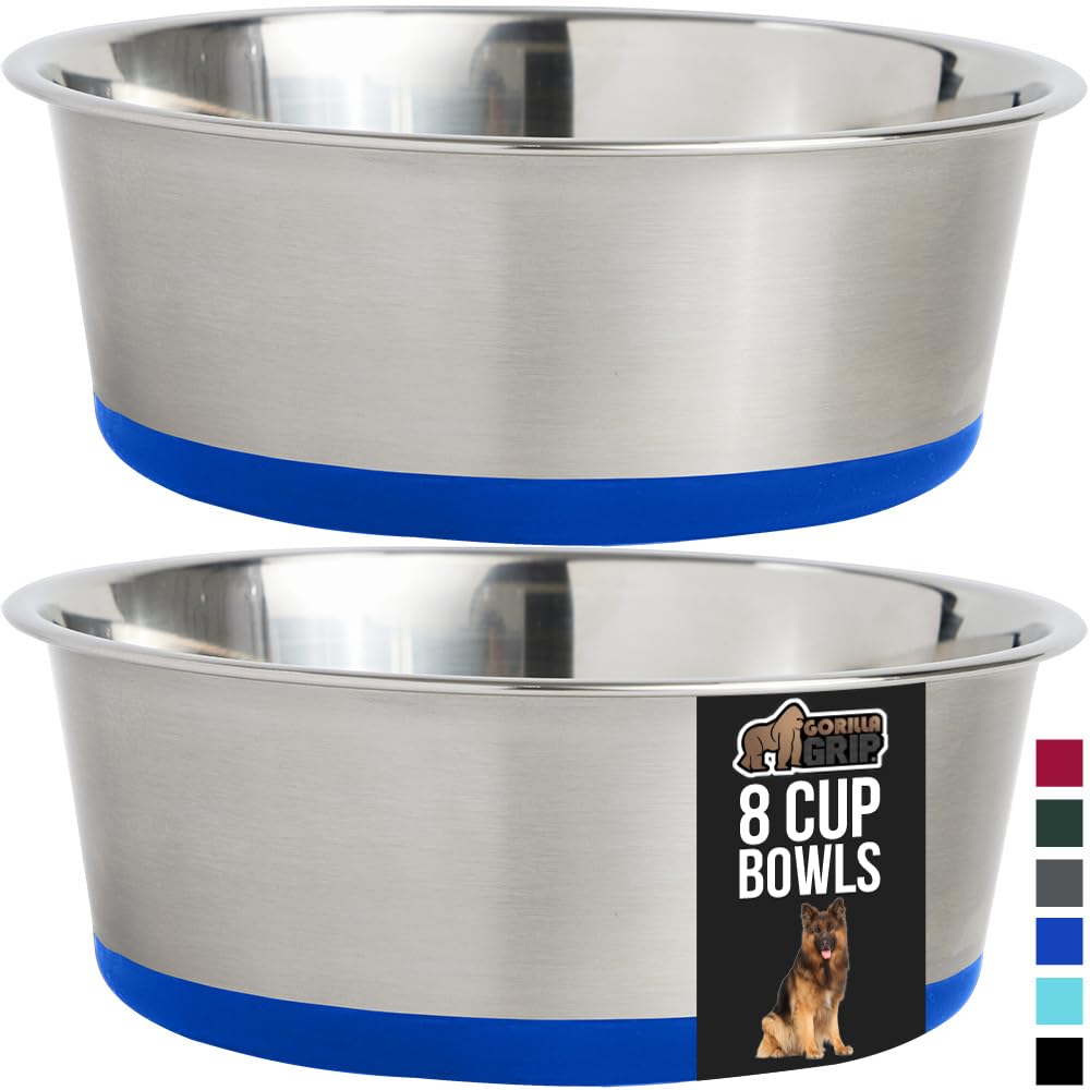 GORILLA GRIP Stainless Steel Metal Dog Bowl Set of 2, Rubber Base, Heavy Duty, Rust Resistant, Food Grade BPA Free, Less Sliding, Quiet Pet Bowls for Cats and Dogs, Holds 2 Cups (16 fl oz), Black