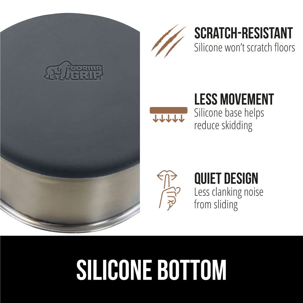 GORILLA GRIP Stainless Steel Metal Dog Bowl Set of 2, Rubber Base, Heavy Duty, Rust Resistant, Food Grade BPA Free, Less Sliding, Quiet Pet Bowls for Cats and Dogs, Holds 2 Cups (16 fl oz), Black