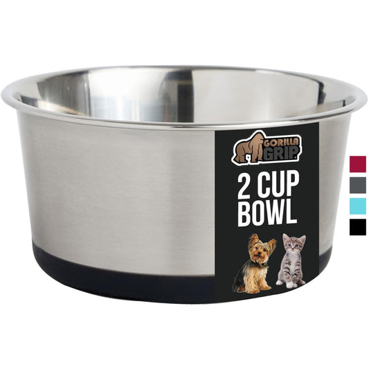 GORILLA GRIP Stainless Steel Metal Dog Bowl Set of 2, Rubber Base, Heavy Duty, Rust Resistant, Food Grade BPA Free, Less Sliding, Quiet Pet Bowls for Cats and Dogs, Holds 2 Cups (16 fl oz), Black
