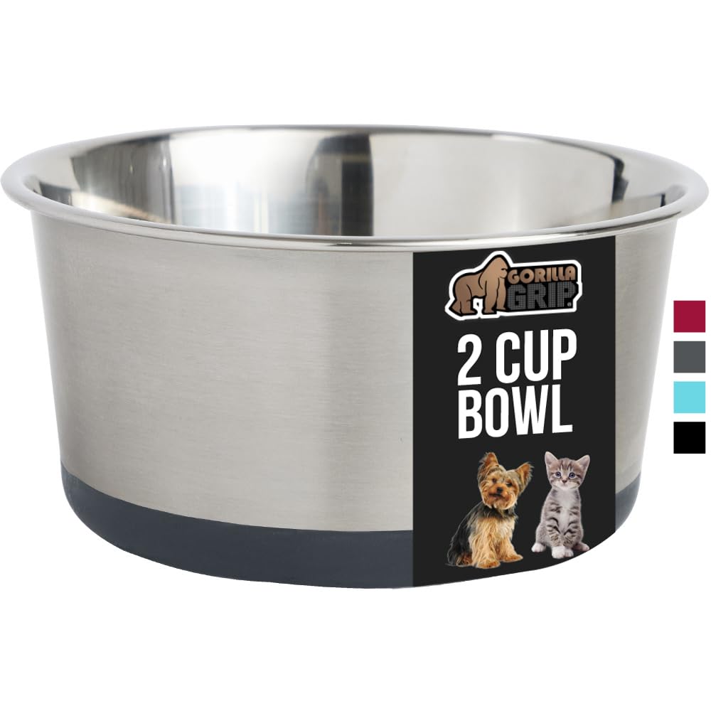 GORILLA GRIP Stainless Steel Metal Dog Bowl Set of 2, Rubber Base, Heavy Duty, Rust Resistant, Food Grade BPA Free, Less Sliding, Quiet Pet Bowls for Cats and Dogs, Holds 2 Cups (16 fl oz), Black