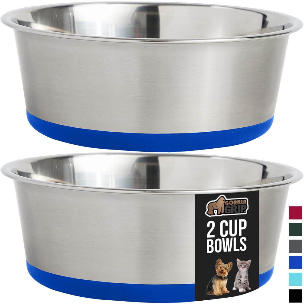 GORILLA GRIP Stainless Steel Metal Dog Bowl Set of 2, Rubber Base, Heavy Duty, Rust Resistant, Food Grade BPA Free, Less Sliding, Quiet Pet Bowls for Cats and Dogs, Holds 2 Cups (16 fl oz), Black