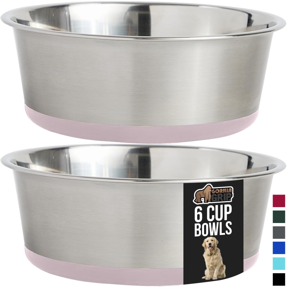 GORILLA GRIP Stainless Steel Metal Dog Bowl Set of 2, Rubber Base, Heavy Duty, Rust Resistant, Food Grade BPA Free, Less Sliding, Quiet Pet Bowls for Cats and Dogs, Holds 2 Cups (16 fl oz), Black
