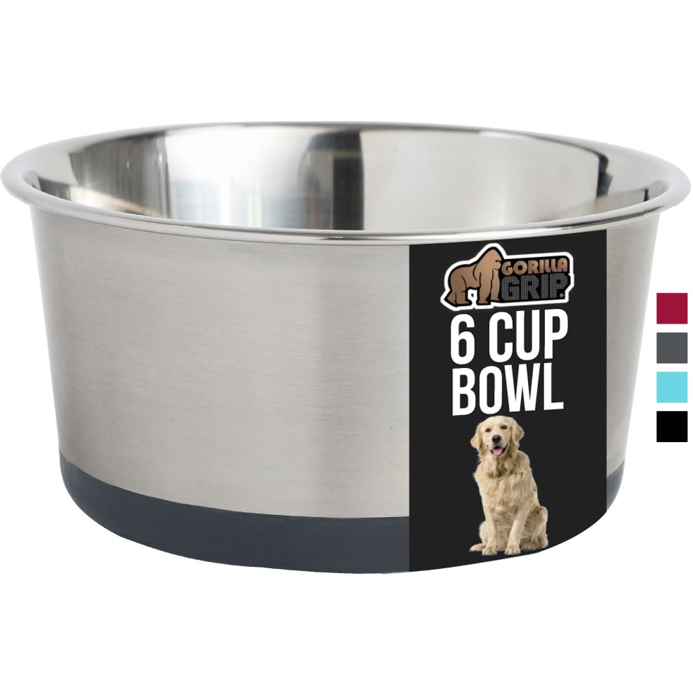 GORILLA GRIP Stainless Steel Metal Dog Bowl Set of 2, Rubber Base, Heavy Duty, Rust Resistant, Food Grade BPA Free, Less Sliding, Quiet Pet Bowls for Cats and Dogs, Holds 2 Cups (16 fl oz), Black
