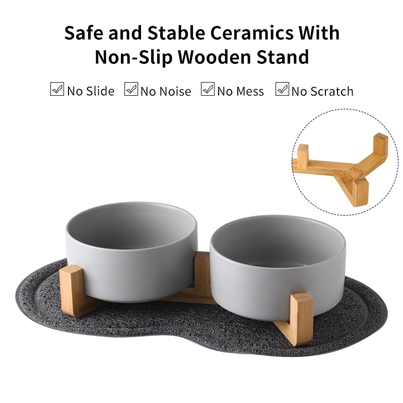 Mtlpaetm Ceramic Pet Bowls for Dog and Cat, No Spill Dog Food and Water Bowl Set with Anti-Slip Wooden Stand, Feeding Dishes Suitable for Small, Medium and Large Cats Dogs Black（850ml/29.9oz）