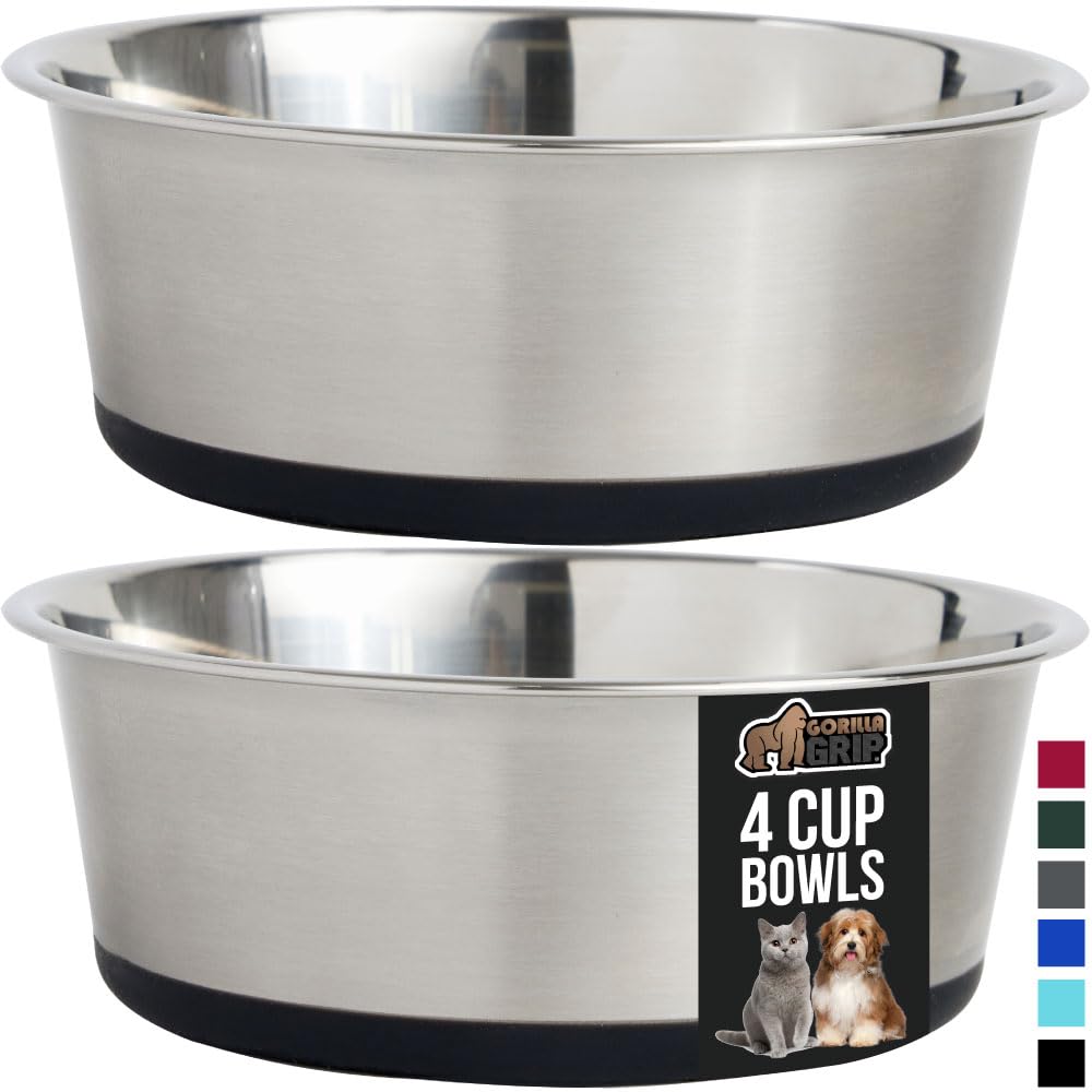 GORILLA GRIP Stainless Steel Metal Dog Bowl Set of 2, Rubber Base, Heavy Duty, Rust Resistant, Food Grade BPA Free, Less Sliding, Quiet Pet Bowls for Cats and Dogs, Holds 2 Cups (16 fl oz), Black
