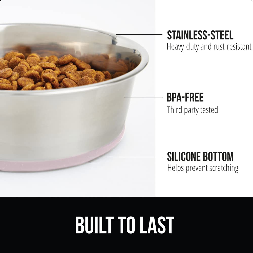 GORILLA GRIP Stainless Steel Metal Dog Bowl Set of 2, Rubber Base, Heavy Duty, Rust Resistant, Food Grade BPA Free, Less Sliding, Quiet Pet Bowls for Cats and Dogs, Holds 2 Cups (16 fl oz), Black