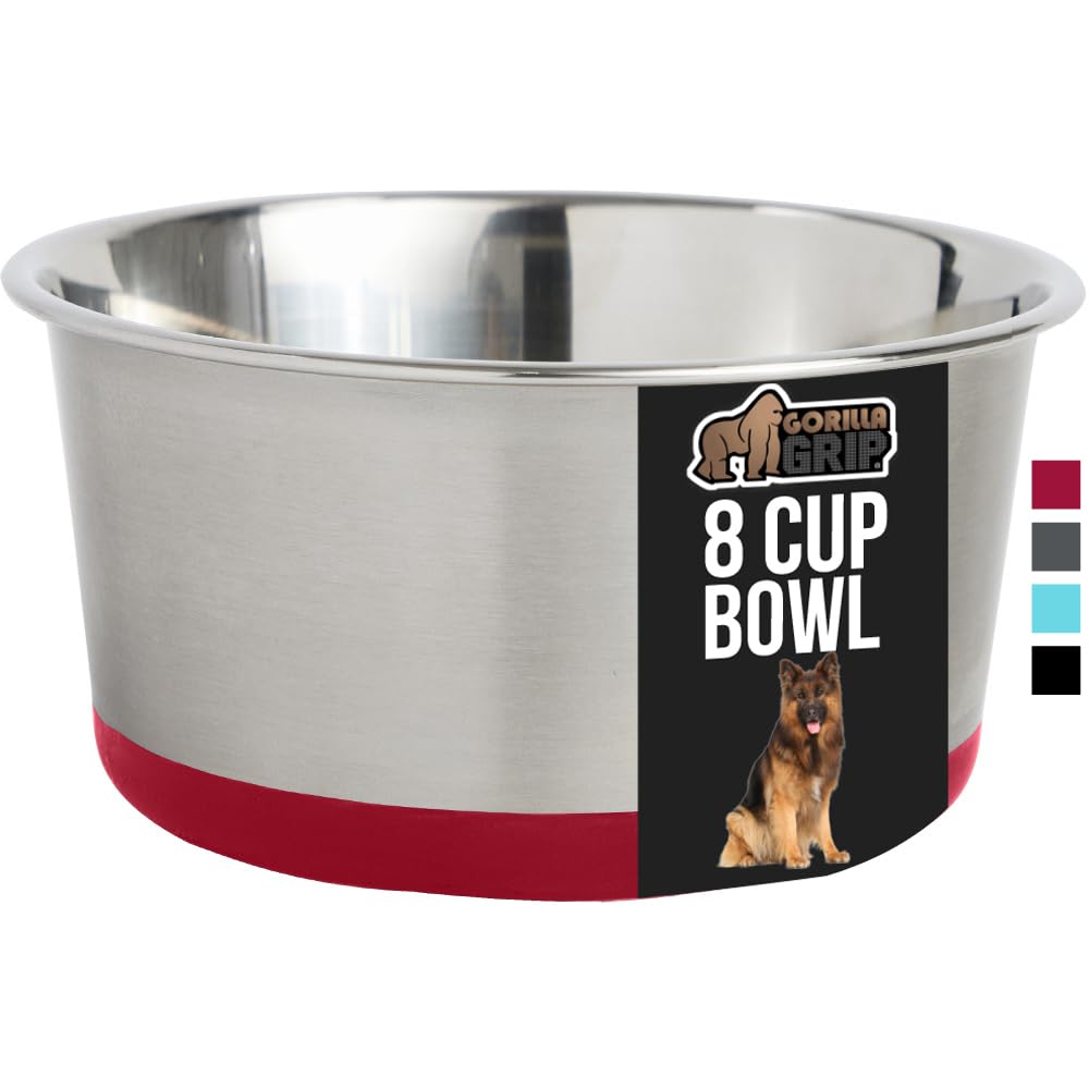 GORILLA GRIP Stainless Steel Metal Dog Bowl Set of 2, Rubber Base, Heavy Duty, Rust Resistant, Food Grade BPA Free, Less Sliding, Quiet Pet Bowls for Cats and Dogs, Holds 2 Cups (16 fl oz), Black