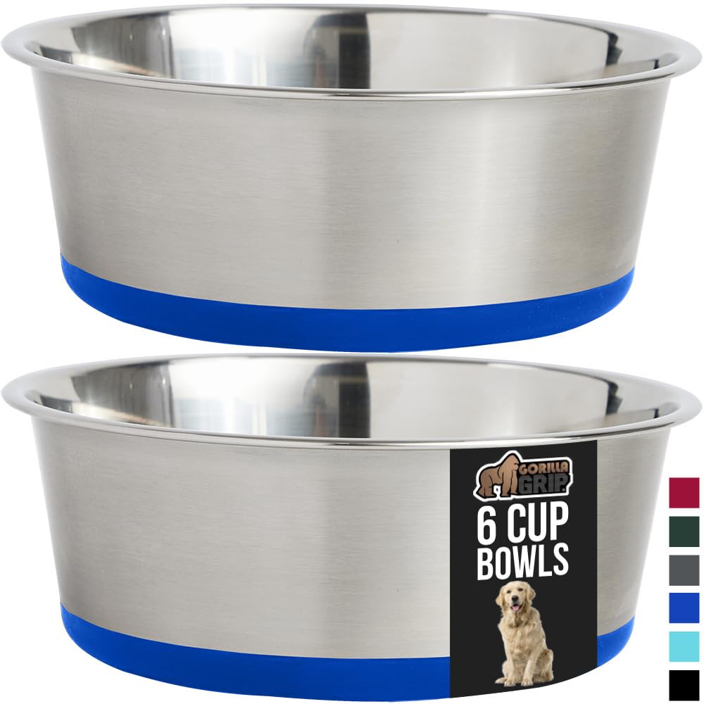 GORILLA GRIP Stainless Steel Metal Dog Bowl Set of 2, Rubber Base, Heavy Duty, Rust Resistant, Food Grade BPA Free, Less Sliding, Quiet Pet Bowls for Cats and Dogs, Holds 2 Cups (16 fl oz), Black
