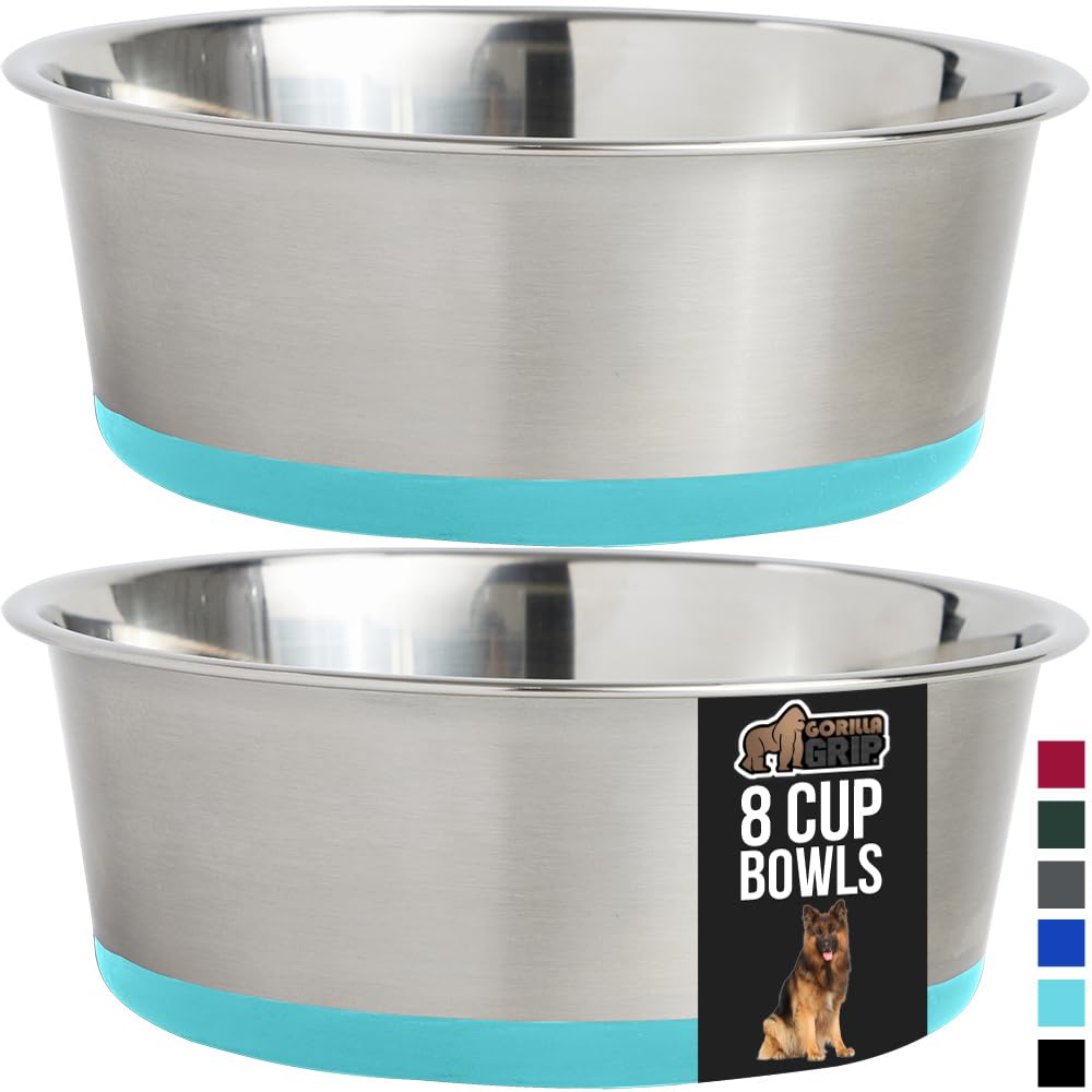 GORILLA GRIP Stainless Steel Metal Dog Bowl Set of 2, Rubber Base, Heavy Duty, Rust Resistant, Food Grade BPA Free, Less Sliding, Quiet Pet Bowls for Cats and Dogs, Holds 2 Cups (16 fl oz), Black