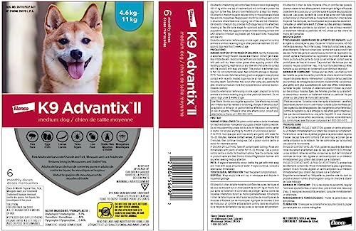 K9 Advantix II Flea and Tick Treatment for Medium Dogs weighing 4.6 kg to 11 kg (10 lbs. to 24 lbs.)-6 doses