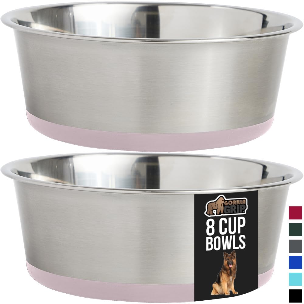 GORILLA GRIP Stainless Steel Metal Dog Bowl Set of 2, Rubber Base, Heavy Duty, Rust Resistant, Food Grade BPA Free, Less Sliding, Quiet Pet Bowls for Cats and Dogs, Holds 2 Cups (16 fl oz), Black