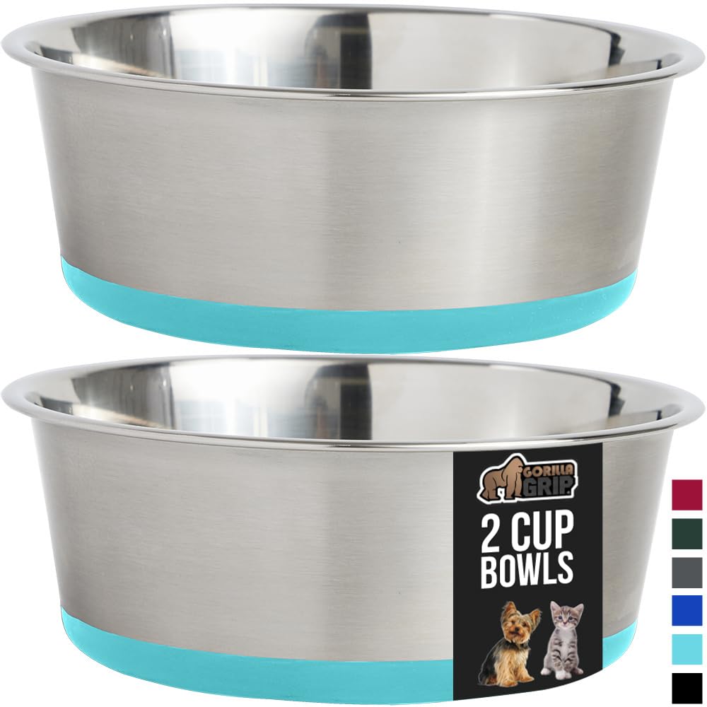 GORILLA GRIP Stainless Steel Metal Dog Bowl Set of 2, Rubber Base, Heavy Duty, Rust Resistant, Food Grade BPA Free, Less Sliding, Quiet Pet Bowls for Cats and Dogs, Holds 2 Cups (16 fl oz), Black