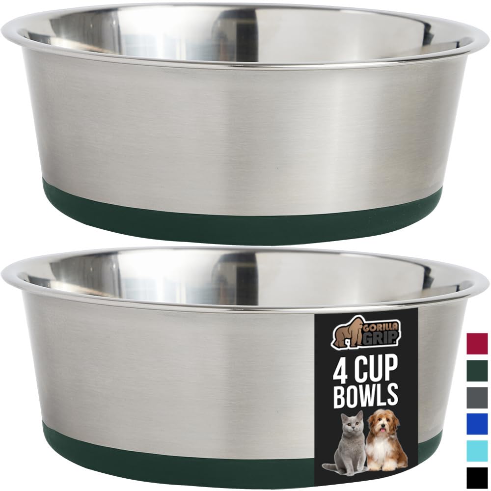 GORILLA GRIP Stainless Steel Metal Dog Bowl Set of 2, Rubber Base, Heavy Duty, Rust Resistant, Food Grade BPA Free, Less Sliding, Quiet Pet Bowls for Cats and Dogs, Holds 2 Cups (16 fl oz), Black