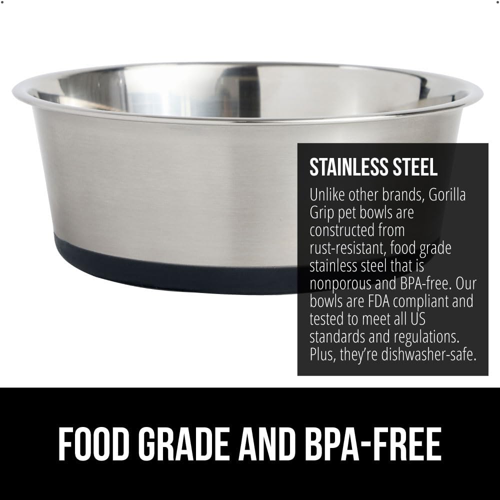 GORILLA GRIP Stainless Steel Metal Dog Bowl Set of 2, Rubber Base, Heavy Duty, Rust Resistant, Food Grade BPA Free, Less Sliding, Quiet Pet Bowls for Cats and Dogs, Holds 2 Cups (16 fl oz), Black