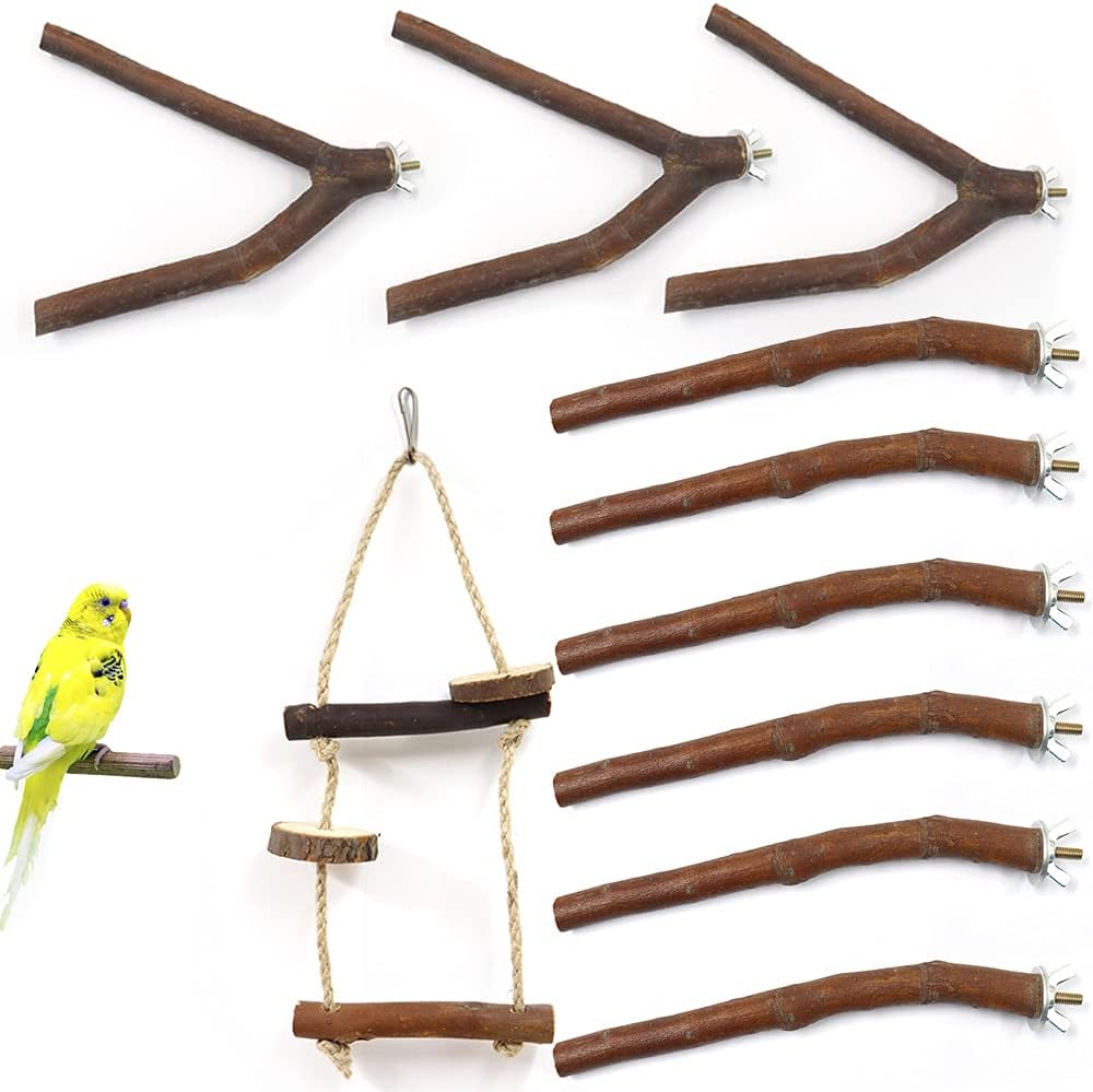 10Pcs Natural Wood Bird Perch Stand Set, Parrot Stand Perch Platform, Pet Bird Swing Toy for Budgies Cockatiel Parakeet Lovebirds (nature)